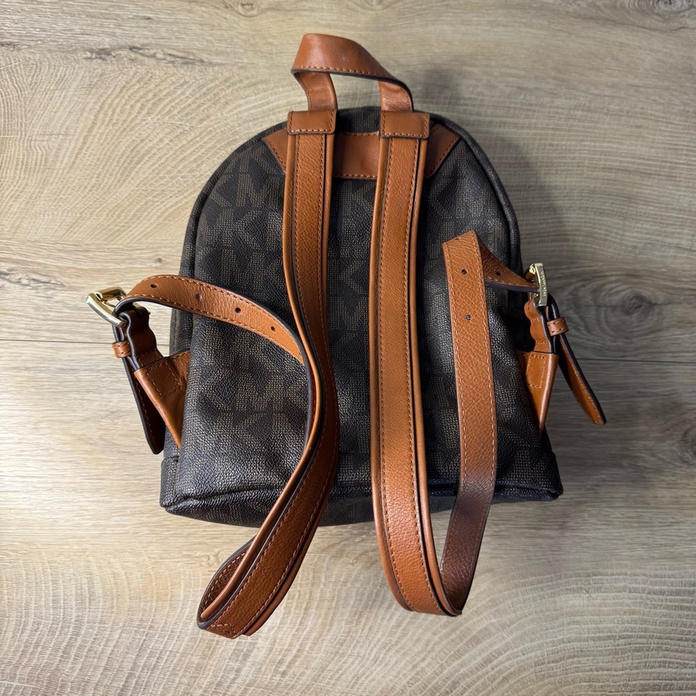 Michael Kors Mini Backpack Brown Signature Monogram Tan‎ Gold Rucksack Small Bag - Picture 2 of 11